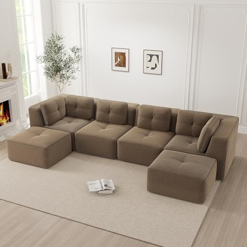 Muskel Modernes 4-Sitzer Cord Sofa Modulares U-förmiges Ecksofa mit Fußstütze, Ohne Montage Tiefsitz Boneless Sofa Kompression Schlafsofa kombinierbar Set, für Wohnzimmer (Braun, 4-Sitzer+2)