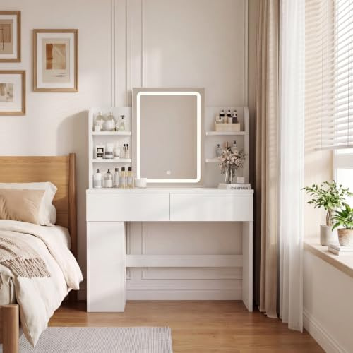 JUMMICO Coiffeuse avec Miroir LED, Luminosité Réglable, Table de Maquillage 90 cm avec 2 Grands Tiroirs, 6 étagères Ouvertes, Rangement Latéral, Meuble de Chambre à Coucher, Blanc