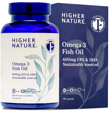Omega 3 1000mg Fish Oil Capsules - True Food® Formula - Eye Health & Brain - 180mg EPA - 120mg DHA - by Higher Nature - 90 Capsules