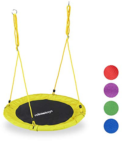 Relaxdays Unisex – Erwachsene, gelb Nestschaukel, rund, für Kinder & Erwachsene, verstellbar, Ø 90 cm, Garten Tellerschaukel, bis 100 kg, H x D: ca. 5 x 90 cm