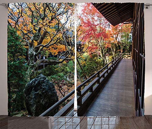 ABAKUHAUS Japonais Rideaux, Bois Balcon Vue, Décoration Intérieure Accent Lot de 2 Panneaux, 280 x 225 cm, Marron Vert
