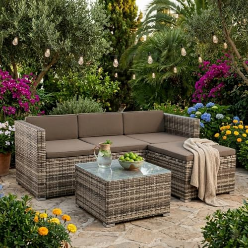 ESTEXO Rattan Lounge Sitzgruppe Polyrattan Gartenmöbel Set Couch 3-Sitzer Rattanmöbel Sofa Set Essgruppe Gartenset Balkon-Set (Beige-Braun)