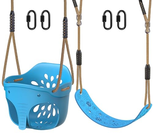 Benelabel 2pz Asiento de Columpio, Columpio para NiñO, Respaldo de Alto Soporte con Cuerda Ajustable de 130-200cm para NiñOs de 1 a 3 AñOs, Recorte de Elefante y Flor, hasta 600 Libras, Azul