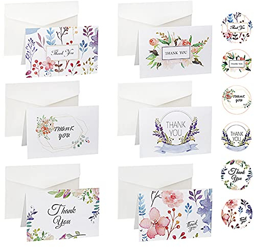 DUGYIRS 48 Pezzi Biglietti di Ringraziamento Grazie Biglietto D'auguri Piccolo Grazie Carte Multipack con Adesivi e Buste per Compleanno Nozze La Laurea Festa Della Mamma (10.5cm X 14cm