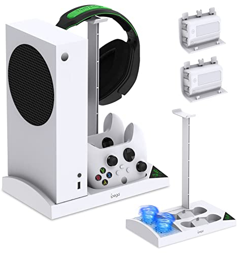 Cooling Stand Compatible with Xbox Series S Console with Controller Charging Station - Dual Powerful Cooling Fan & Controller Charger Dock with 2x1400mAh Rechargeable Batteries, Headset Holder for XSS