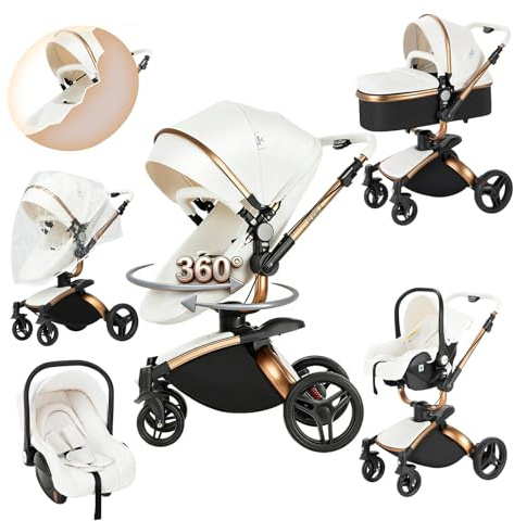 Prokoke PU-Leder Kinderwagen 3 in 1, Buggy mit Verstellbarem Sitz mit 360°-Drehung, Kinderwagen mit Rahmen Aluminiumlegierung, Kombikinderwagen 3 in 1 mit Einem Klick Faltbar Design (906 White)