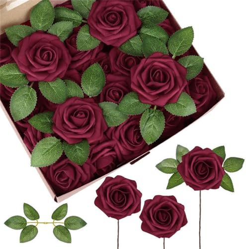 Wambere 25 Stück Künstliche Blumen Rosen Deko Blumen Fake Rosen mit Stielen Schaumrosen Foamrosen Rosenköpfe Gefälschte Kunstrose Rose DIY Hochzeit Blumensträuße Braut Zuhause Dekoration,Weinrot
