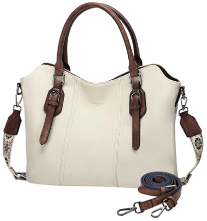 VASCHY Bolso Bandolera Mujer Grande, Shoppers y Bolsos de Hombro para Mujer Bolso Tote Cuero Bolso Hobo Vintage Bolso de Mano con Guitarra Correa Bolso Portatil para Diario Trabajo Viaje, Beige