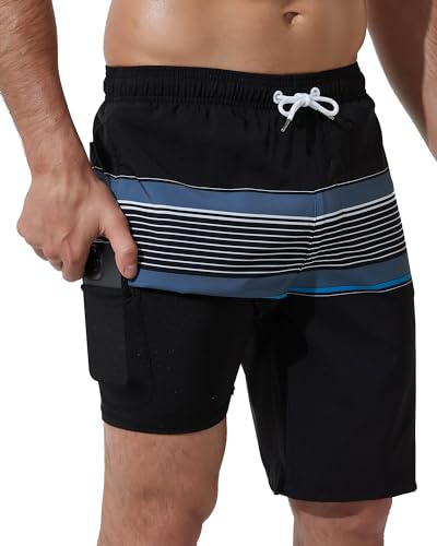Arcweg Badbyxor för herrar, badshorts med kompression, 2 i 1-simshorts, snabbtorkande, för män, korta strandbyxor med dragkedja, strandshorts, Svart och grå, L