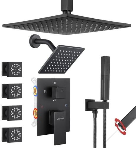 VANFOXLE Shower Faucet Set Matte Black Shower System,Four Modes Shower Faucet with 2 in 1 Handheld,Ceiling Mount 10 Inch Shower Head with 6 Inch Shower Head, 4 PCS Dual Modes Body Jets
