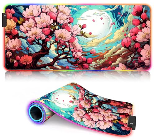 HEYCE ROG - Tappetino per mouse da gioco con fiori di mela LED, XL, grande, per scrivania, 80 x 30 x 0,3 cm, con accessori da scrivania in gomma antiscivolo