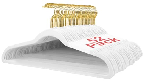 Wellong Kleiderbügel Samt, 45 cm rutschfeste mit Stabile Schulterkerben | Platzsparende Kleiderbügel für Mäntel, Hosen, Silbe, 52 Stück – Weiß mit Goldene Drehhaken