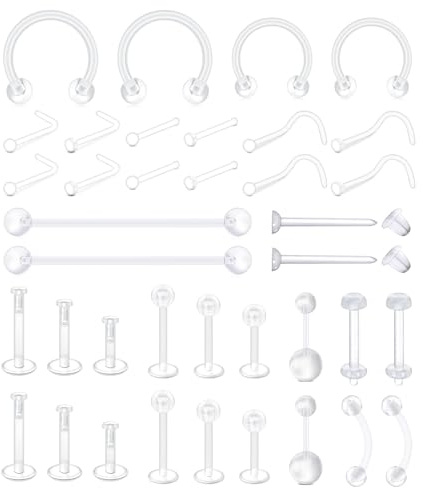 WillTen 38Pcs Bioflex Piercing Nase Stud Nasenring Ohrringe, Plastik Piercing für Op Plastik Nasenstecker Kunststoff Ohrringe für Schule, Labret Piercing Bioflex Bauchnabelpiercing Schwangerschaft