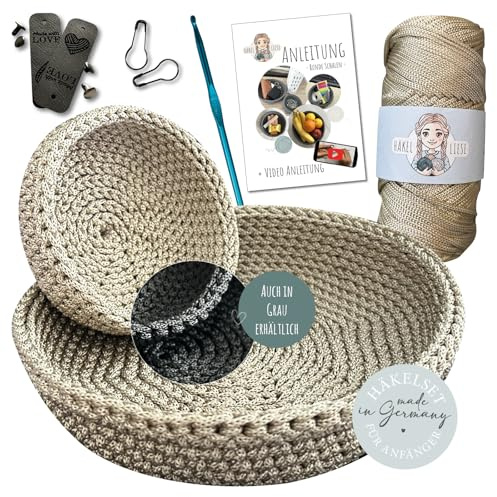 HÄKEL LIESE Häkelset für Anfänger - runde Schalen, Häkel Set Anfänger Erwachsene, Häckelset Schale mit Anleitung, häkeln lernen, crochet set, Schalen Set Häckeln (BEIGE)
