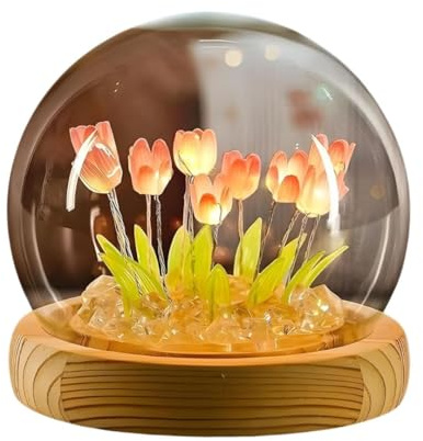 MAHALLYA Simply elegant Flower Tulip Lamp Romantic LED Night Light USB Powered Ball Lamp with Wooden Base for Bedroom Home Decor, Soft Pink Glow Ideal for Gift (Tulip Flowers)