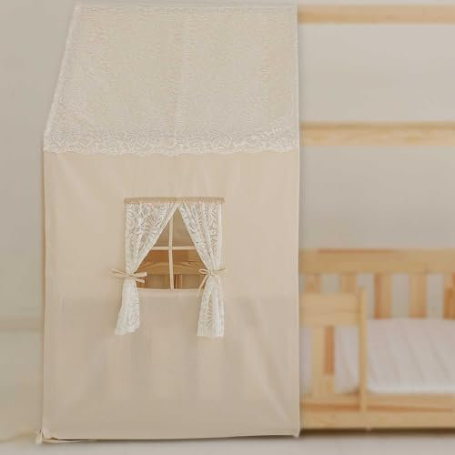Moi Mili Betthimmel-Haus- Optik Hausbett-Vorhang Boho-Design 400 x 125 cm Betthimmel in Hausform mit Fenster für Kinderbett Bettdekoration Hausbetthimmel Hausbett Dekoration