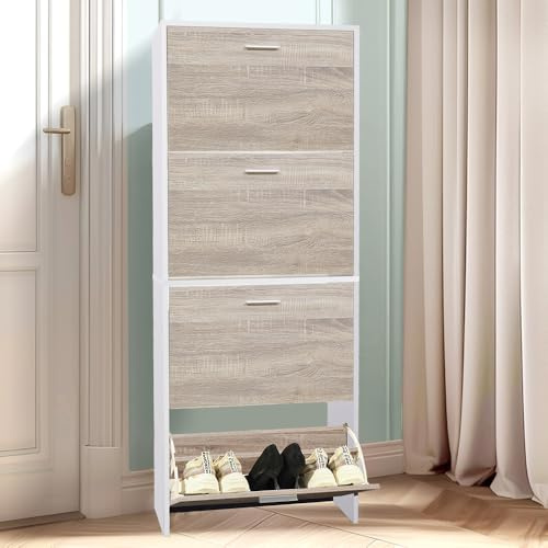 CASABEL Scarpiera Portascarpe 24 Paia - Armadio Mensola Grande Capacità per Ingresso, Corridoio - L60xP24xH150 cm - Porte Legno Chiaro Telaio Bianco
