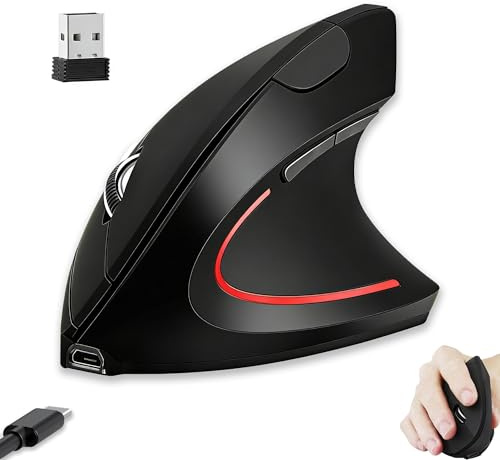 Wireless Bluetooth Mouse, Ergonomic Vertical Upright Rechargeable Silent Cordless Optical Mice, 1600DPI, with 2.4G USB Receiver for PC Laptop MacBook, Boy Men Gift, Reduces Hand and Wrist Pain(Black)