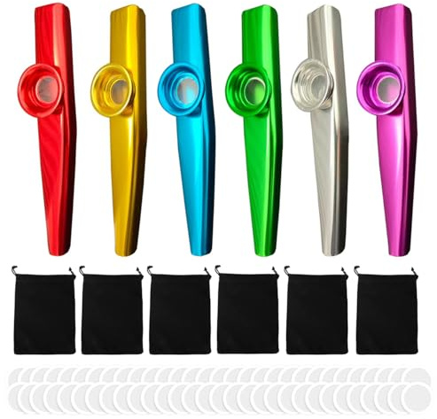 Tovyzalg Kazoo-instrument i aluminium – 6 set, med 60 reservmembran, 6 flanellväska | multipack bulkkazoos för vuxna, fester, camping och musikälskare (6)