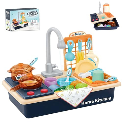 SunaOmni Lavello Giocattolo con Acqua Corrente, Set da 28 lavandini in plastica sicuri per Bambini con Rubinetto Migliorato e Set di stoviglie, lavello Giocattolo per Bambini a Batteria, giocattol