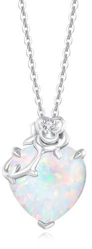 FANCIME 14 Karat Weißgold Rose Anhänger mit Herz & Geburtsstein - Sterlingsilber Kette Weihnachten Feiner Schmuck Geschenk für Damen Frauen