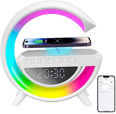 BatdTech Lámpara de carga inalámbrica, 15W despertador luz nocturna RGB multifuncional, estación de carga inalámbrica, altavoz Bluetooth, despertador digital para dormitorio/camping