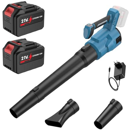 Soffiatore a Batteria, Soffiatore Foglie con 2 x 4,5Ah Batterie, Velocità Aria Max 240 km/h, 3 Velocità Regolabili, 19300RPM Motore Brushless, 2 Tipi di Ugelli, per Giardino, Foglie, Polvere e Neve