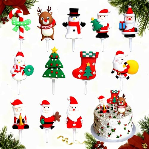 Christmas Cake Decorations, Christmas Cake Toppers, 12Pcs Xmas Cake Decorations Include Santa Xmas Snowman Tree Reindeer Candy for Holiday Party Decorations