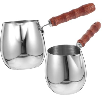 MUELODSIC Caffettiera Turca in Acciaio 304 con Manico in Legno Scaldalatte e Bollitore da Campeggio 300 Ml Set 2 Pezzi Multifunzione per Espresso e Schiuma Latte per Preparazione Caffè