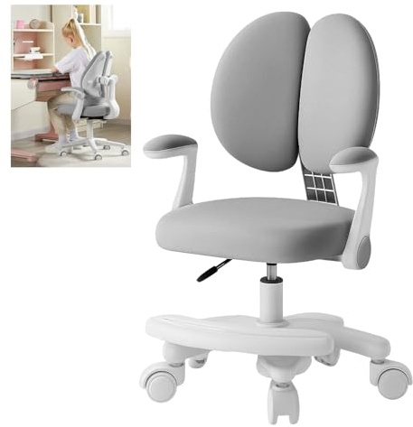 Skrivstol för barn, ergonomisk kontorsstol barnsnurrstol ungdomsstol med 360 graders hjul och fotstöd, höjdjusterbar bekväm lärostol för barnrum (grå, standardutgåva)