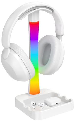 LOGANBEY RGB Headphone Stand with 10 Light Modes, Gaming Headset Holder with 2 USB Charging Ports, Sturdy Desk Headphone Hanger Organiser for Desk, Unique Gamer Gifts & Gaming Accessories (White)