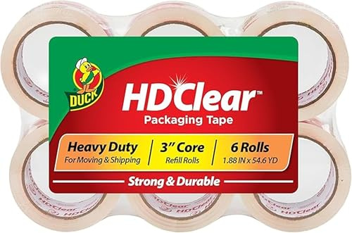 Duck HD - Cinta de embalaje transparente (6 rollos, 48 mm x 50 m, resistente para casas de mudanzas, paquetes de embalaje, cajas de cartón y cinta de embalaje de cartón