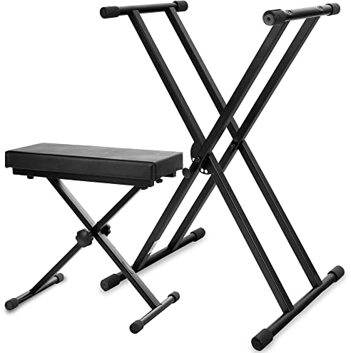 Classic Cantabile Keyboardständer doppelstrebig und Keyboardbank Deluxe Set - 5-fach höhenverstellbar Keyboardstativ - Bequeme Sitzbank für E-Piano, Keyboard und Stagepiano - Schwarz