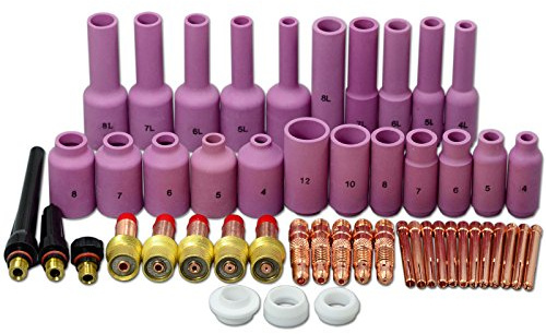 RIVERWELD WIG Gaslinse Spannzangenkörper Keramikdüse 45V 10N 54N 57Y Set | 50 Stück Großer Durchmesser Aluminiumoxiddüse Rückkappen Bausatz für QQ300 PTA DB SR WP 17 18 26 WIG-Schweißbrenner