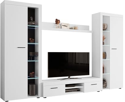 Mirjan24 Wohnwand Rango XL, Modernes Wohnzimmer Set, Design Anbauwand, Schrankwand, Mediawand, Vitrine, TV Lowboard, (Weiß, mit weißer LED Beleuchtung)