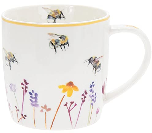 Tea Coffee Mug Pretty White Floral Water Colour Busy Bees Design by Jennifer Rose Gallery Boxed