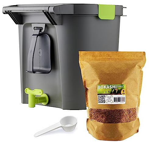 Bokashi Comfort 14 Litri, compostiera organica di alta qualità con compattatore e attivatore di fermentazione 1 kg | Kit Completo
