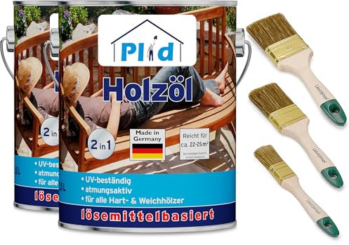 Plid® Holzöl Pflegeöl Holzschutz Imprägnieröl Gartenmöbel Teakholzöl Holzlasur Holzschutzöl Holzpflegeöl Holz Öl Außen zum Holzschutz für alle Hart- und Weichhölzer Teak 5l - Pinselset