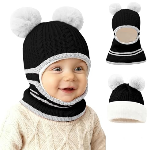 JFAN Småbarnskeps tjock mjuk plysch med pompom hatt vinter varm elastisk hatt halsduk fleece stickad öronlapp mössor huva för baby, Svart, one size