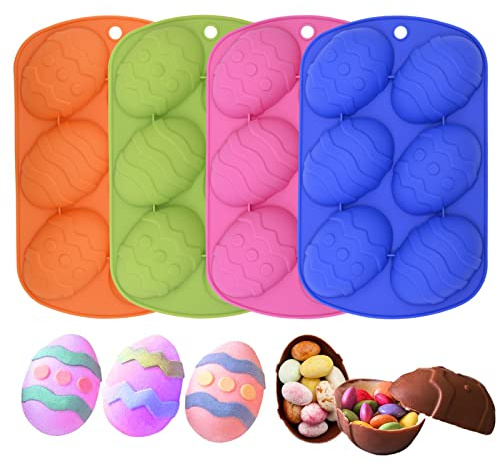 Easter Egg Silicone Molds, 4 Pack of Large Chocolate Cover Cocoa Bomb Mould, for Baking Cake, Cupcake, Jello, Bombs, Candy, Soap with Kids and Family for Easter Party