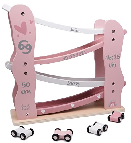 Label Label Kugelbahn inkl. Autos rosa - personalisierbar I Geschenk zur Geburt & Taufe I Handmade Holzspielzeug ab 1 Jahr I Personalisierte Geschenke Baby I Rennbahn mit Name & Geburtsdaten
