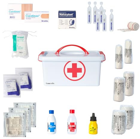 FERRETELIX® Botiquin caja primeros auxilios con tapa 4 litros medidas: 28cmx19cmx13cm equipado con varios artículos para realizar las primeras curas en caso de emergencia F