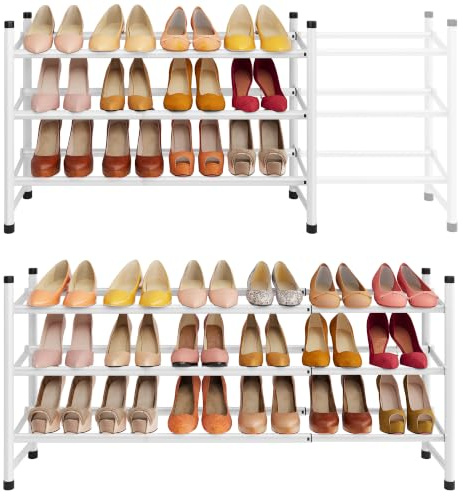 Tajsoon Schuhregal klein, Schuhregal ausziehbar 3 Ebenen, Schwarz, Weiß | 71–104 cm Verstellbar und Stapelbar, Schuhständer aus Metall, Ideal für Eingangsbereich, Kleiderschrank, Garage und Diele