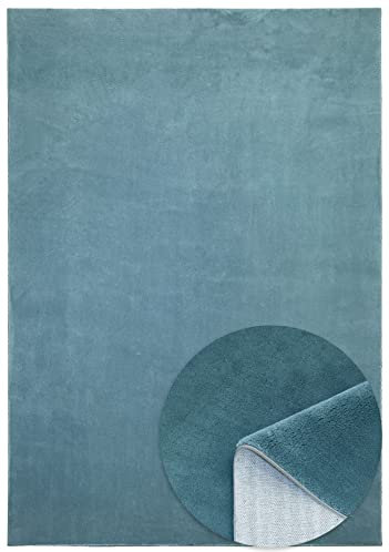 Relax Flauschiger Teppich - Superweich - Modern Einfarbig - rutschfest - Waschbar bis 30° Grad - Felloptik - Wohnzimmer Schlafzimmer Kinderzimmer - Blau - 160cm x 230cm
