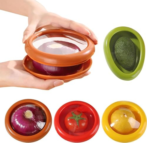 TAIYANYU 4 Stück Obst-Gemüse-Sparer - Avocado, Zwiebel, Tomate und Zitrone Keeper/Saver/Halter,Wiederverwendbare Kühlschrank-Aufbewahrungsbox für die Frischhaltung von Lebensmitteln