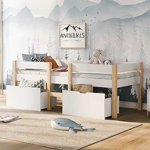 TZCIN Kinderbett mit Rausfallschutz und Schubladen, Stabil Massivholz & Holz-Platte Beistellbett mit Lattenrost, Babybett Einzelbett für Jungen & Mädchen (Weiß, mit Schublade, 90x200CM)