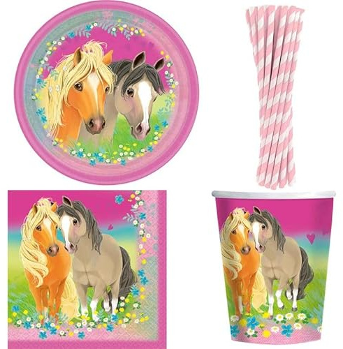 Playflip 60 TLG. Partyset Pferde Geburtstagsdeko Kindergeburtstag Party Deko Pretty Pony für 8 Kinder