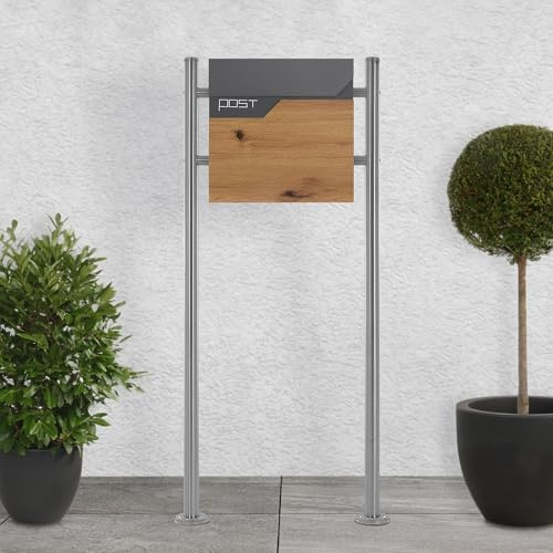 ECD Germany Standbriefkasten mit Zeitungsfach, Design Briefkasten mit Pfosten, Briefkastenanlage, Briefkastenständer Silber 120 cm Edelstahl, Postkasten Anthrazit-Holzoptik Edelstahl pulverbechichtet