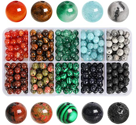 SOSMAR 300 Stück Natürliche Edelsteine ⌀ 6mm rund Perlen für Armbänder Halsketten Schmuck Basteln Auffädeln, 10 Sortierte Steinperlen Edelsteinperlen