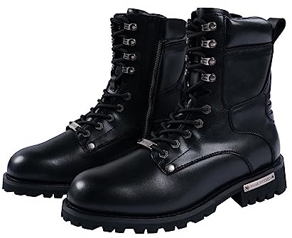Botas de motocicleta para hombre, botas de combate de piel sintética para hombre, botas de motociclista impermeables con cremallera lateral con cordones, Negro -, 46 EU